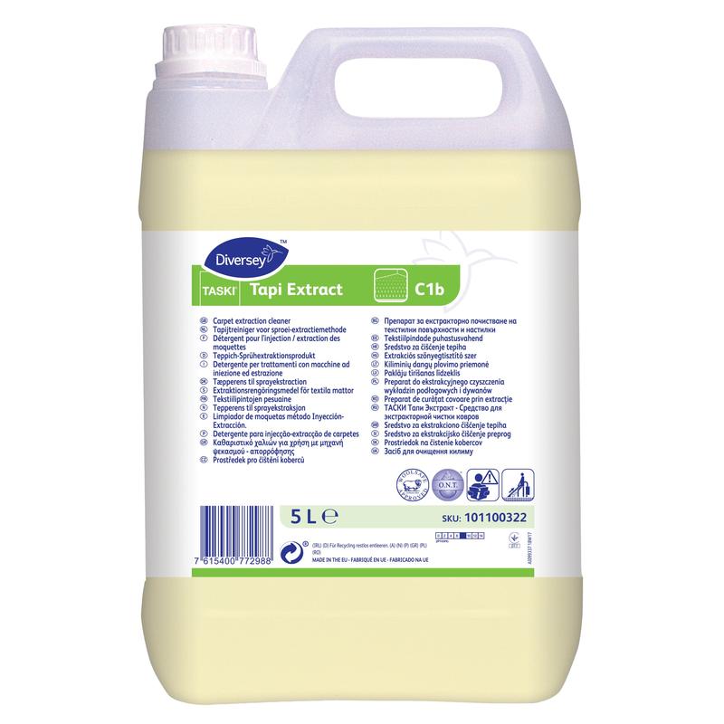 A 5-liter canister of Diversey TASKI Tapi Extract carpet spray extraction cleaner with O.N.T. technology, wool seal certified, features a carrying handle and a multilingual label with product information and instructions.