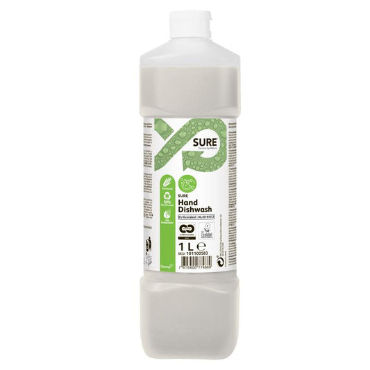 Eine 1-Liter-Kunststoffflasche SURE Hand Dishwash, Handgeschirrspülmittel von Diversey Deutschland GmbH & Co. OHG verfügt über einen weißen Verschluss und ein weiß-grünes Etikett, das auf „umweltfreundliche“, pflanzliche Inhaltsstoffe und effektive Fettentfernung hinweist.