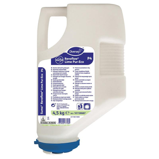 Eine 4,5 kg Kunststoff Kartusche von Diversey Suma Revoflow Lime Pur-Eco P4, maschineller Hochleistungs-Geschirrreiniger für mittelhartes bis hartes Wasser, mit blauem Dosierdeckel und detailliertem Etikett.