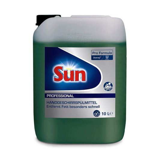Ein 10-Liter-Behälter Diversey Sun Professional Handgeschirrspülmittel der Diversey Deutschland GmbH & Co. OHG, beschriftet in Blau, Weiß und Rot mit deutschem Text und Logos. Der teilweise gefüllte Behälter enthält grüne Flüssigkeit.
