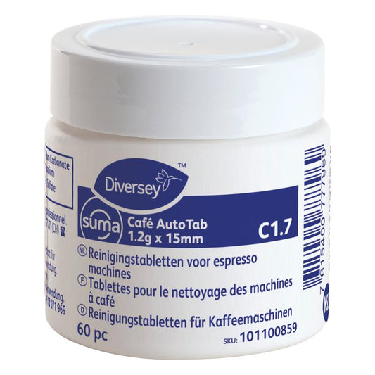 Ein weißer Kunststoffbehälter der Diversey Deutschland GmbH & Co. OHG mit der Aufschrift "Suma Café AutoTab C1.7, Reinigungstab für Espressomaschinen" enthält 60 Tabs; das mehrsprachige Etikett zeigt einen Barcode.