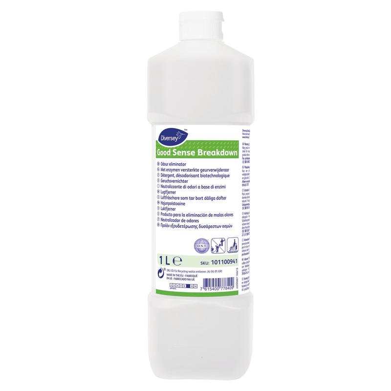 Eine weiße 1-L-Plastikflasche mit der Aufschrift „Good Sense Breakdown, Geruchsentferner“ von Diversey Deutschland GmbH & Co. OHG mit mehrsprachigem Text und weißem Schraubverschluss. Neutralisiert Gerüche effektiv – ideal als Geruchsentferner.