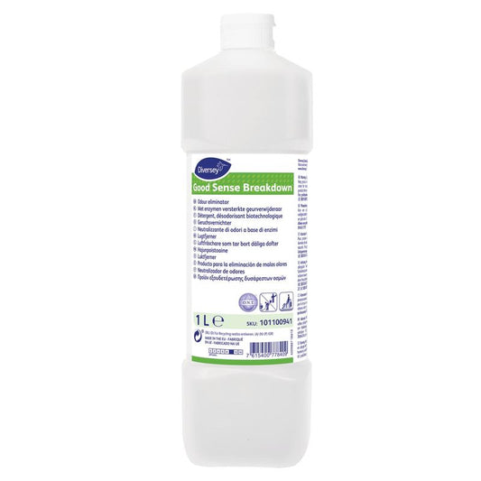 Eine weiße 1-L-Plastikflasche mit der Aufschrift „Good Sense Breakdown, Geruchsentferner“ von Diversey Deutschland GmbH & Co. OHG mit mehrsprachigem Text und weißem Schraubverschluss. Neutralisiert Gerüche effektiv – ideal als Geruchsentferner.