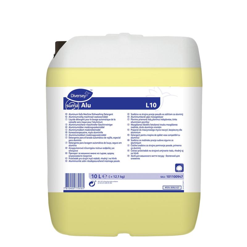 Ein 10-Liter-Behälter Diversey Suma Alu L10, Aluminiumsicherer Geschirrreiniger für alle Wasserhärten von Diversey Deutschland GmbH & Co. OHG, verfügt über einen weißen Deckel, eine gelbe Flüssigkeit und mehrsprachige Anweisungen auf dem Etikett vorne.