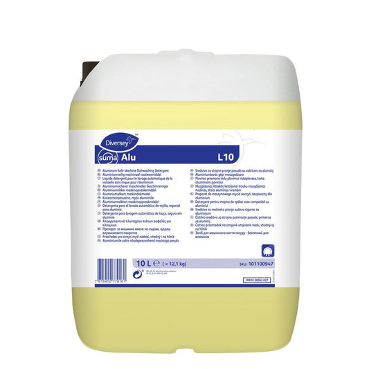 Ein 10-Liter-Behälter Diversey Suma Alu L10, Aluminiumsicherer Geschirrreiniger für alle Wasserhärten von Diversey Deutschland GmbH & Co. OHG, verfügt über einen weißen Deckel, eine gelbe Flüssigkeit und mehrsprachige Anweisungen auf dem Etikett vorne.