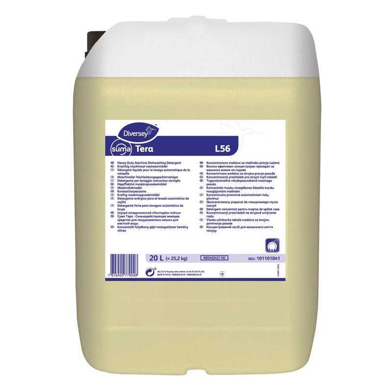 Ein 20-Liter-Kunststoffbehälter Diversey Suma Tera L56, ein hochkonzentriertes Geschirrspülmittel für hartes Wasser von Diversey Deutschland GmbH & Co. OHG, mit weißem Deckel und Griff sowie mehrsprachigen Informationen auf einem weiß-blauen Etikett.