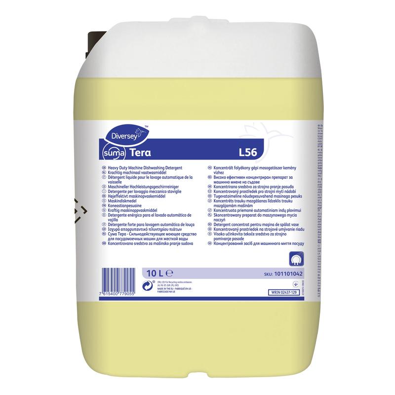 Ein 10-Liter-Behälter Diversey Suma Tera L56, ein hochkonzentriertes Geschirrspülmittel für hartes Wasser der Diversey Deutschland GmbH & Co. OHG, mit weißem Gehäuse, gelber Flüssigkeit, blau-weißem Etikett und weißem Deckel.