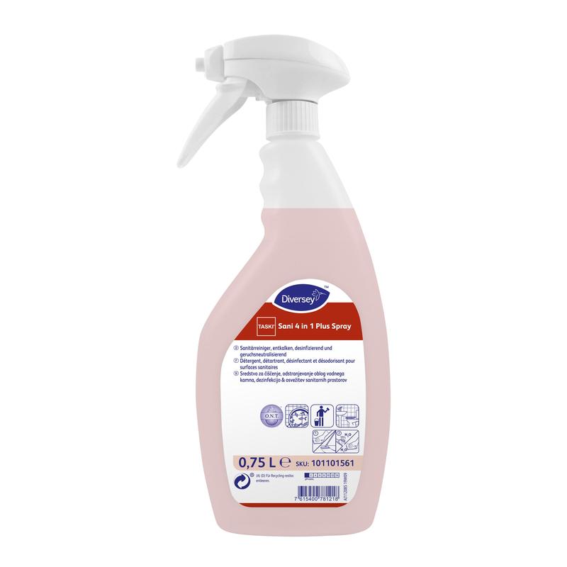 Eine 0,75-Liter-Sprühflasche in Weiß mit der Aufschrift „TASKI Sani 4 in 1 Plus“ der Diversey Deutschland GmbH & Co. OHG enthält eine rosa Flüssigkeit und weist Reinigungs- und Desinfektionshinweise als flüssiger Sanitärreiniger auf Milchsäurebasis für Oberflächen auf.