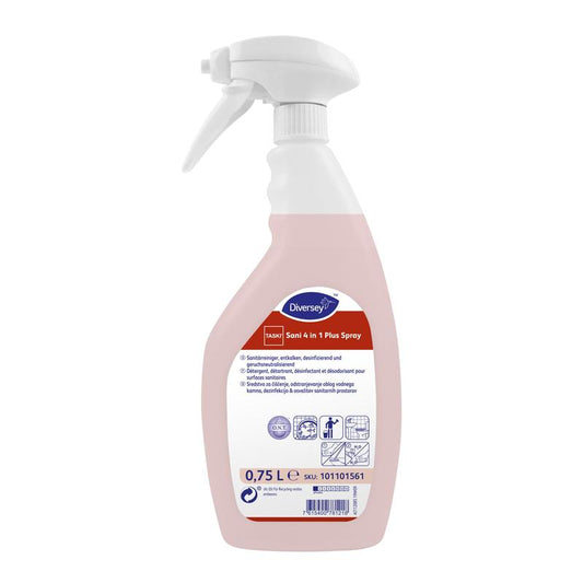 Eine 0,75-Liter-Sprühflasche in Weiß mit der Aufschrift „TASKI Sani 4 in 1 Plus“ der Diversey Deutschland GmbH & Co. OHG enthält eine rosa Flüssigkeit und weist Reinigungs- und Desinfektionshinweise als flüssiger Sanitärreiniger auf Milchsäurebasis für Oberflächen auf.