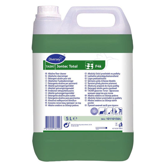 TASKI Jontec Total von Diversey Deutschland GmbH & Co. OHG: Hochaktives, alkalisches Reinigungsmittel im 5-l-Kanister zur Entfernung starker Verschmutzungen, ideal für Feinsteinzeug-Fliesen, nicht für Linoleum geeignet.