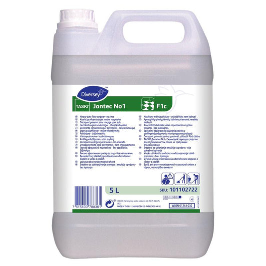 Ein 5-Liter-Kanister von TASKI Jontec No1, einem Hochleistungsreiniger für alle alkalibeständigen Bodenbeläge von Diversey Deutschland GmbH & Co. OHG, mit weißem Schraubverschluss, Griff, zweisprachiger Anleitung, grünem Branding und SKU 101102722.