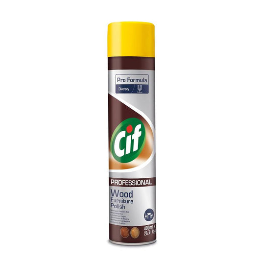 Eine 400ml Dose Cif Professional Möbelpolitur Spray von Diversey Deutschland GmbH & Co. OHG, ideal zum leichten Abstauben, Pflegen und Schützen von Holzmöbeln. Mit braun-gelbem Deckel und informativem Frontetikett.