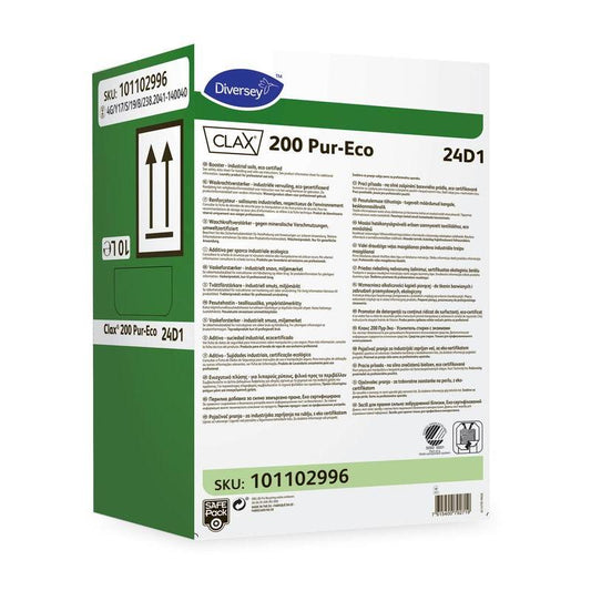 Eine grün-weiße rechteckige Box mit der Aufschrift „Clax 200 PE 24D1, Ökologischer konzentrierter Waschkraftverstärker“ von Diversey Deutschland GmbH & Co. OHG, mit Text, Symbolen, einem Barcode und der Artikelnummer 101102996. Konzipiert für den industriellen Einsatz.