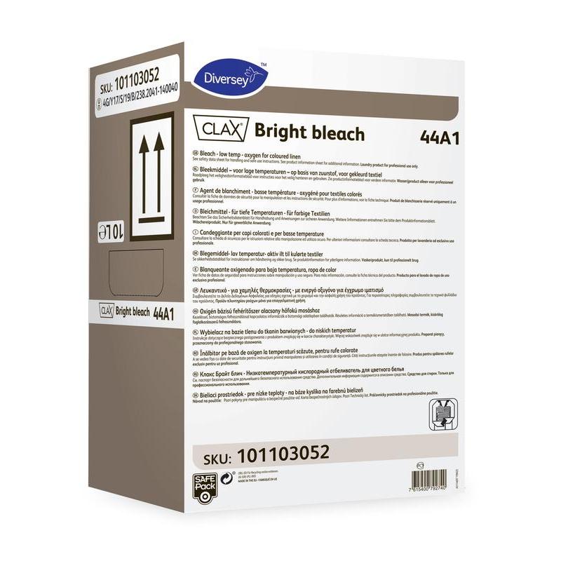 A rectangular container labeled "Clax Bright Bleach 44A1 Bleach for Colored Laundry" by Diversey Deutschland GmbH & Co. OHG, with multilingual product information, instructions, and warnings. Effective on colored laundry and stubborn stains. Item number: 101103052.