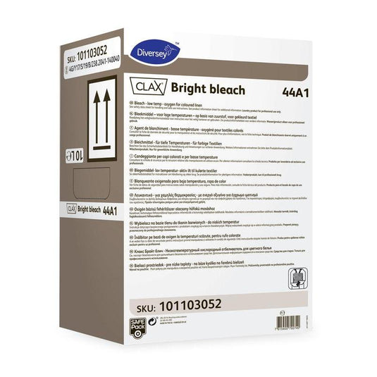A rectangular container labeled “Clax Bright Bleach 44A1 Bleach for Colored Laundry” by Diversey Deutschland GmbH & Co. OHG, with multilingual product information, instructions, and warnings. Effective on colored laundry and stubborn stains. Item number: 101103052.