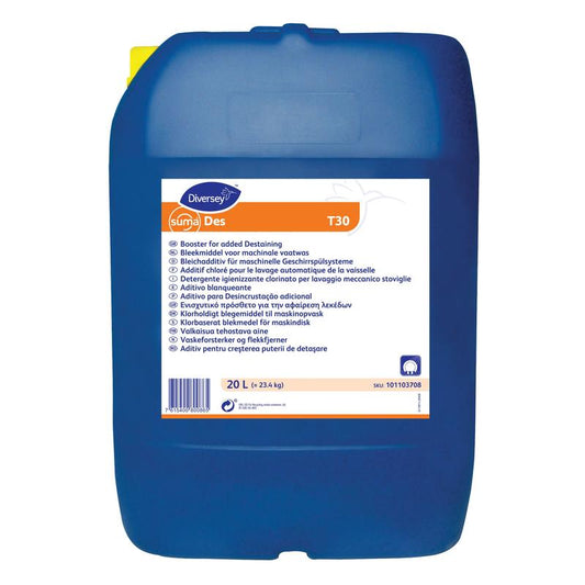 Ein großer blauer Kunststoffbehälter mit der Aufschrift „Diversey Suma Des T30, Bleichkomponente“ der Diversey Deutschland GmbH & Co. OHG verfügt über ein weißes mehrsprachiges Etikett und ein Fassungsvermögen von 20 Litern.