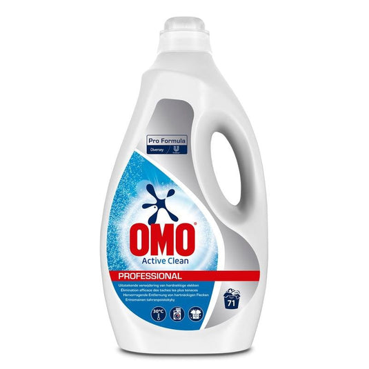 A white 5-liter bottle of Omo Professional Active Clean Liquid Heavy-Duty Detergent from Diversey Deutschland GmbH & Co. OHG has a blue label featuring "Pro Formula," "Effective Stain Removal," and information in several languages; enough for 71 wash cycles.