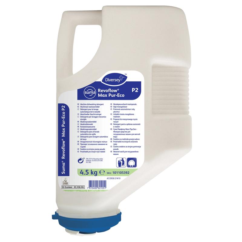 Eine 4,5 kg Kartusche von Suma Revoflow Max P-Eco P2 von Diversey Deutschland GmbH & Co. OHG, ein umweltfreundlicher, chlorfreier Reiniger für weiches bis mittelhartes Wasser; aus weißem Kunststoff mit blauem Etikett und Deckel, plus Griff.