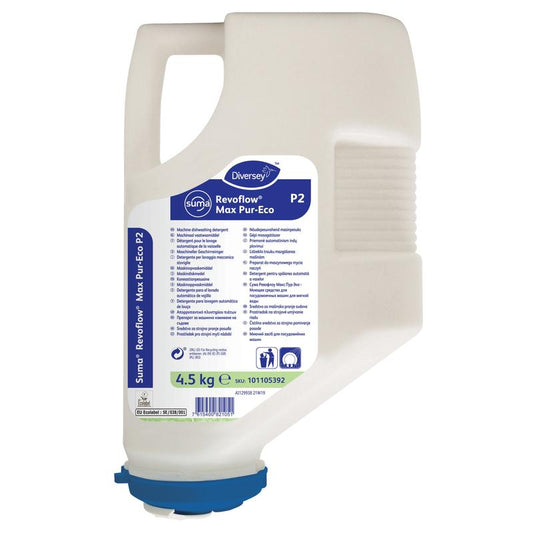 Eine 4,5 kg Kartusche von Suma Revoflow Max P-Eco P2 von Diversey Deutschland GmbH & Co. OHG, ein umweltfreundlicher, chlorfreier Reiniger für weiches bis mittelhartes Wasser; aus weißem Kunststoff mit blauem Etikett und Deckel, plus Griff.