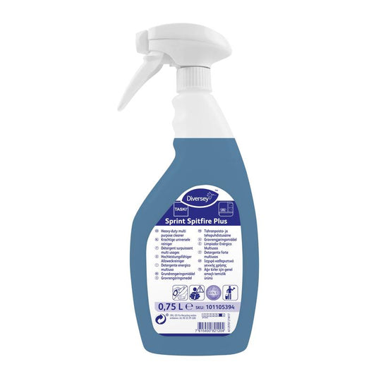 Eine 750 ml Sprühflasche TASKI Sprint Spitfire Plus von Diversey Deutschland GmbH & Co. OHG, ein gebrauchsfertiger alkalischer Hochleistungsreiniger mit mehrsprachiger Produktinformation auf dem Frontetikett.