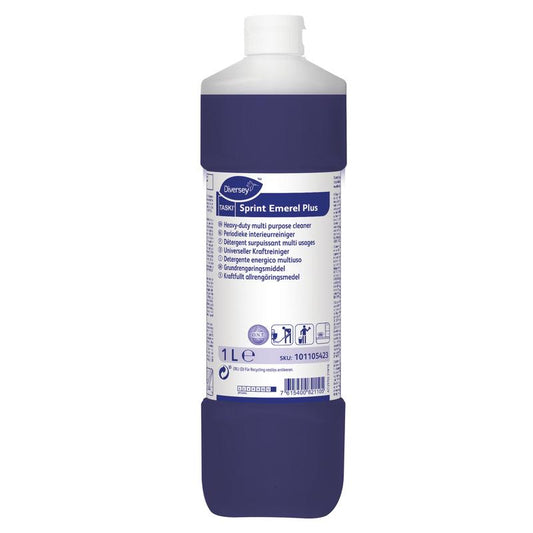 Eine 1-Liter-Flasche TASKI Sprint Emerel Plus, ein universeller, lösungsmittelhaltiger Kraftreiniger von Diversey Deutschland GmbH & Co. OHG, mit weißem Verschluss und blauem Etikett mit mehrsprachigen Produktinformationen und Anweisungen.