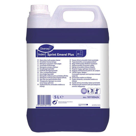 Ein 5-Liter-Behälter Diversey Deutschland GmbH & Co. OHG TASKI Sprint Emerel Plus, universeller lösungsmittelhaltiger Kraftreiniger, mit violetter Flüssigkeit und einem Etikett mit Anweisungen, Produktinformationen und einem Barcode.