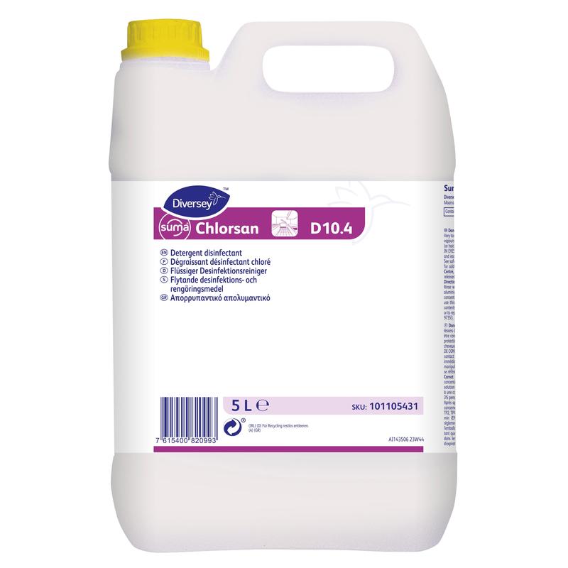 Ein 5-Liter-Behälter aus weißem Kunststoff mit Diversey Suma Chlorsan D10.4 Desinfektionsreiniger mit Aktivchlor von Diversey Deutschland GmbH & Co. OHG, mit gelbem Deckel und violett-weißem mehrsprachigem Etikett.