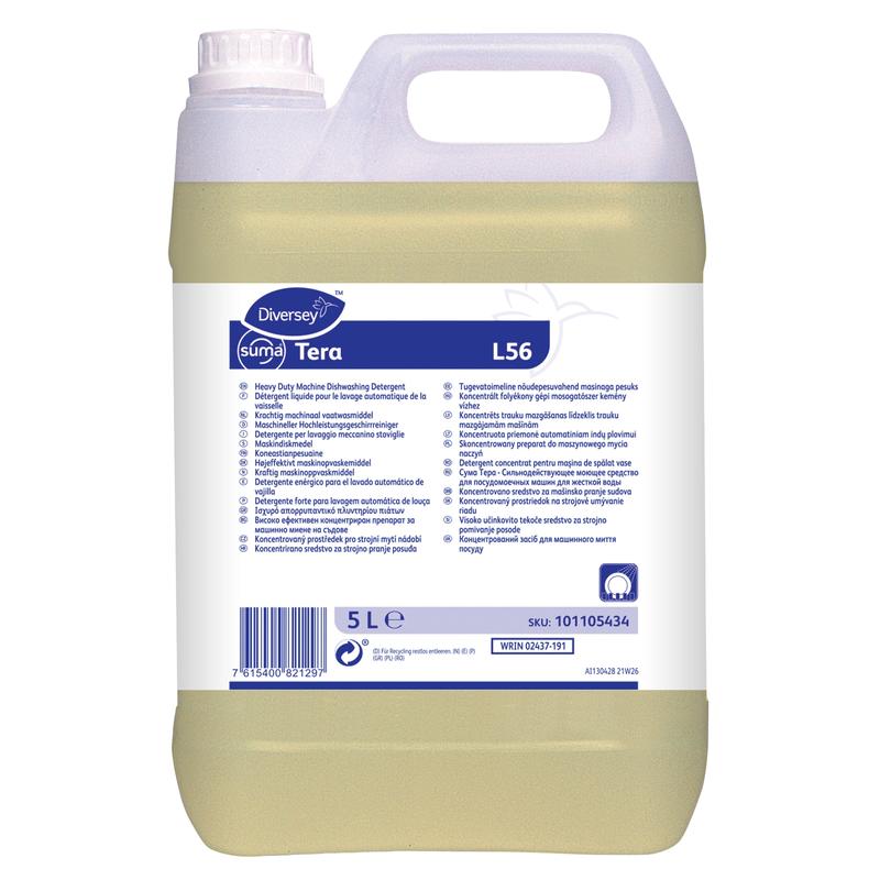 Ein 5-Liter-Kunststoffbehälter Diversey Suma Tera L56, hochkonzentrierter Geschirrreiniger für Hartwasser von Diversey Deutschland GmbH & Co. OHG, mit weiß-blauem Etikett mit mehrsprachigen Produktinformationen und Anweisungen.