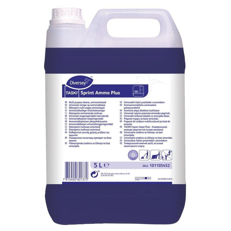A 5-liter canister of TASKI Sprint Ammo Plus ammonia-containing maintenance cleaner by Diversey Deutschland GmbH & Co. OHG shows a purple liquid, product details, application instructions, and a barcode on the label.