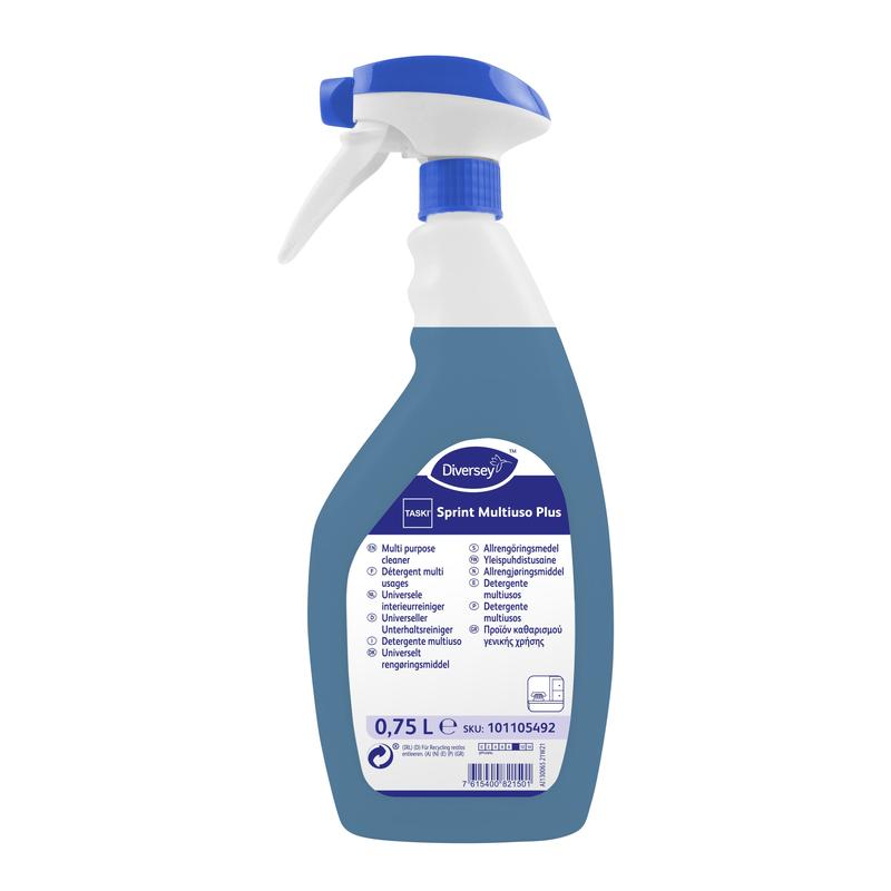 Eine blau-weiße 0,75-Liter-Sprühflasche Diversey TASKI Sprint Multiuso Plus, Universeller Untergrundreiniger, verfügt über ein mehrsprachiges Etikett, das die gründliche Reinigung verschiedener Oberflächen hervorhebt.