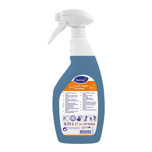 Eine blaue 0,75-Liter-Sprühflasche TASKI Sprint Impact Performer, Universeller Kraftreiniger von Diversey Deutschland GmbH & Co. OHG, mit weißem Auslöser und einem Frontetikett mit mehrsprachigen Anweisungen und Produktinformationen.