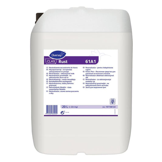 Ein 20-Liter-Kanister "Clax Rust, Rostentferner" von Diversey Deutschland GmbH & Co. OHG, geeignet für industriellen Einsatz zur Entfernung von Rost auf Metalloberflächen, mit mehrsprachigem Etikett, Barcode, Griff und dunklem Verschluss.