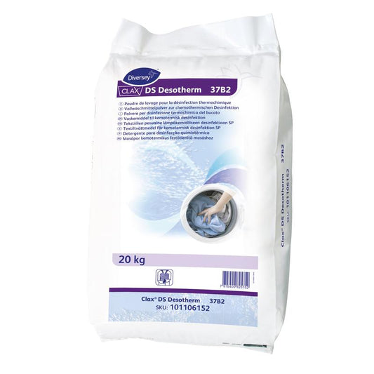 Ein weißer 20-kg-Sack Clax DS Desotherm 37B2, phosphatfreies Vollwaschmittel von Diversey Deutschland GmbH & Co. OHG zur Desinfektion bei 60°C, mit Produktdetails und Bild einer Hand beim Beladen der Waschmaschine auf der Vorderseite.