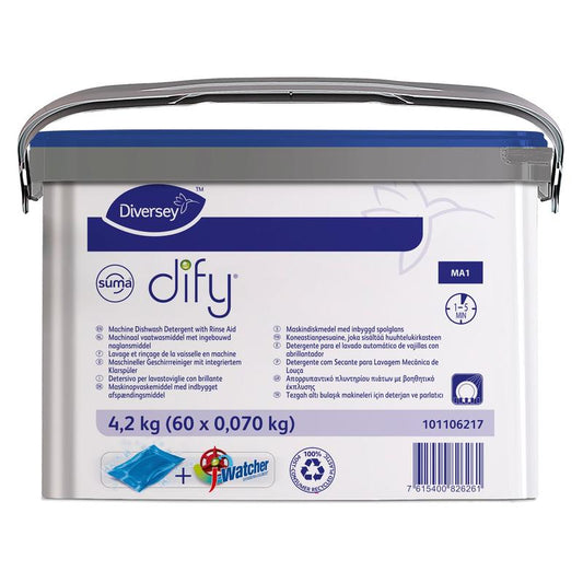 Das umweltfreundliche Suma Dify MA1 mit blauem Deckel von Diversey Deutschland (60 Beutel, 4,2 kg) ist ein All-in-One-Spülmittel für gewerbliche Ein-Tank-Maschinen, ideal für Großküchen. Mehrsprachige Etikettierung; Lieferung im Griffbecher.