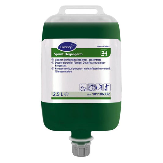 Ein 2,5L Beutel von Diversey Sprint Degragerm QS, Desinfektionsreiniger und Desodorierer für Fussböden von Diversey Deutschland GmbH & Co. OHG, mit grün/weißem Etikett und mehrsprachiger Info.