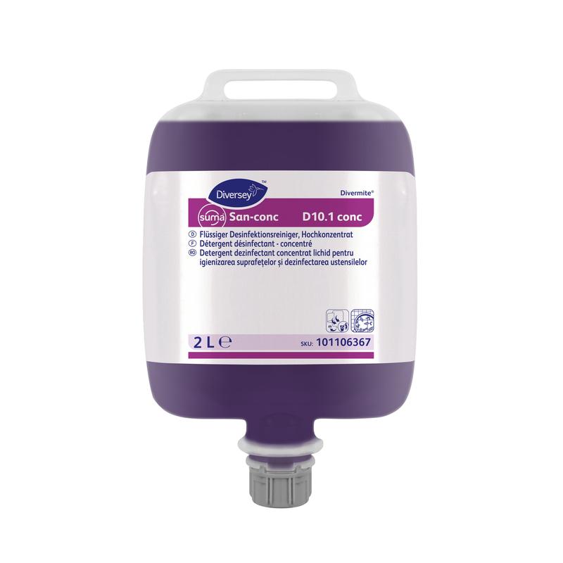 A 2-liter pouch of Diversey Suma San-conc D10.1-conc disinfectant cleaner, highly concentrated, from Diversey Deutschland GmbH & Co. OHG, with product information and SKU 101106367, purple label and white cap.