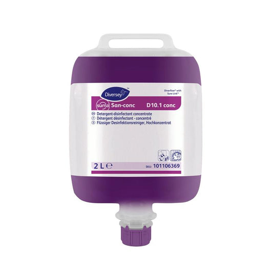 Ein 2-L-Beutel mit Suma San-conc D10.1-conc Desinfektionsreiniger, hochkonzentriert, von Diversey Deutschland GmbH & Co. OHG, verfügt über einen Griff, einen Bodenhahn und ein Frontetikett mit Barcode.