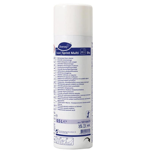 Eine weiße 500-ml-Dose Diversey Deutschland TASKI Sprint Multi Aerosol-Schaumreiniger für die vielseitige Oberflächenreinigung, mit blauem Text, Anweisungen, Anwendungshinweisen auf dem Etikett, einer weißen Kappe und Barcode am Boden.