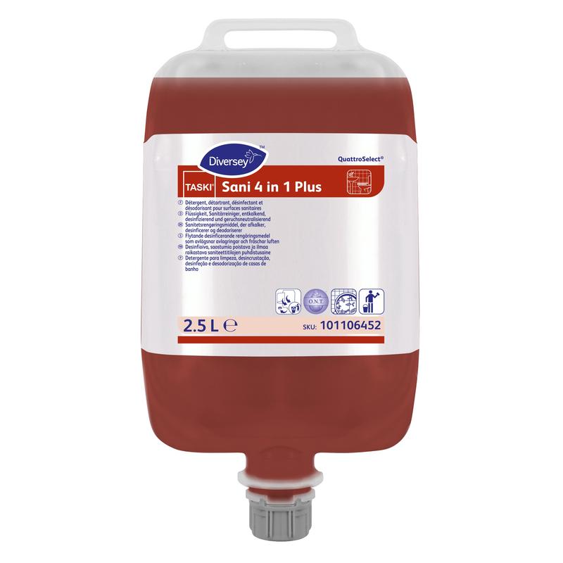 Ein 2,5-Liter-Behälter Diversey TASKI Sani 4 in 1 Plus, ein flüssiger Reiniger, Entkalker, Desinfektionsmittel und Geruchsneutralisierer von Diversey Deutschland GmbH & Co. OHG; rotes Etikett mit Gebrauchsanweisung und SKU 101106452, graue Kappe, Griff oben.