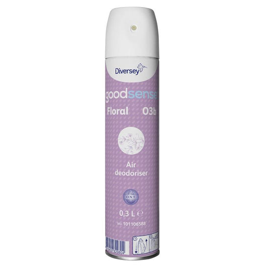 Eine 300-ml-Dose Good Sense Floral Raumspray-Lufterfrischer und Geruchsneutralisierer von Diversey Deutschland mit lila Etikett und weißer Kappe sorgt für eine angenehme, frische Umgebung.