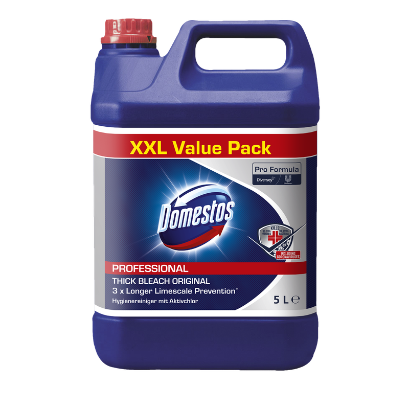 The DOMESTOS Professional 5L canister hygiene cleaner with active chlorine from Diversey Deutschland GmbH & Co. OHG is an XXL advantage pack with a blue body, red cap, and front label for powerful deep cleaning.