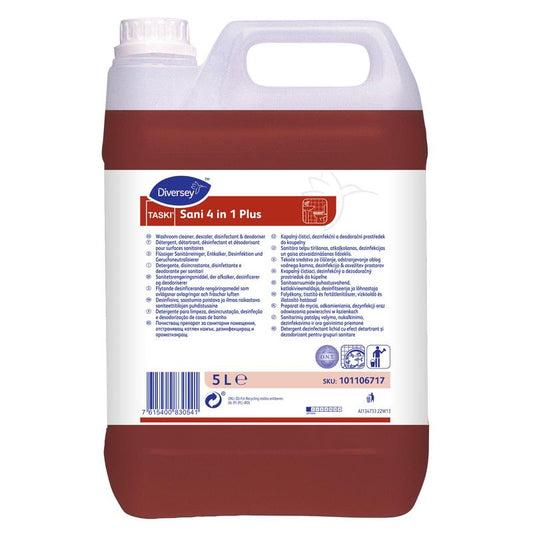 Ein 5-Liter-Kunststoffbehälter TASKI Sani 4 in 1 Plus, Flüssiger Sanitärreiniger mit Milchsäure von Diversey Deutschland GmbH & Co. OHG enthält rote Flüssigkeit und verfügt über ein mehrsprachiges Etikett mit Barcodes und Symbolen.
