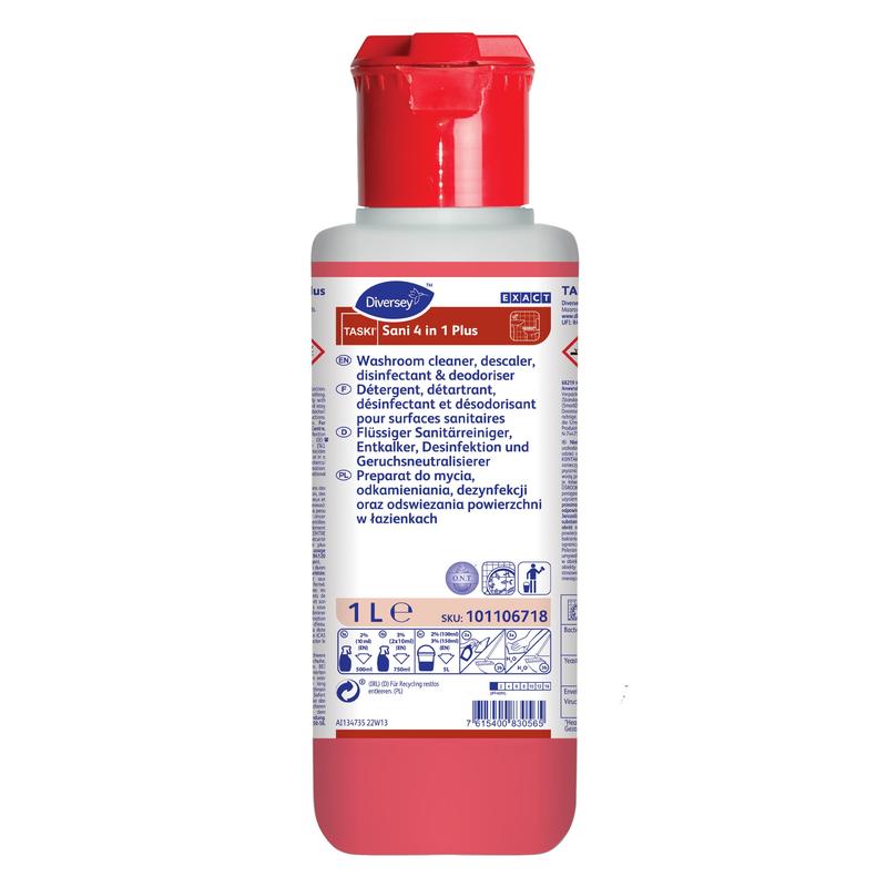 Eine 1-Liter-Flasche TASKI Sani 4 in 1 Plus der Diversey Deutschland GmbH & Co. OHG mit rotem Verschluss und mehrsprachigem Etikett dient als Reiniger, Entkalker, Desinfektionsmittel und Geruchsentferner für Waschraumoberflächen.