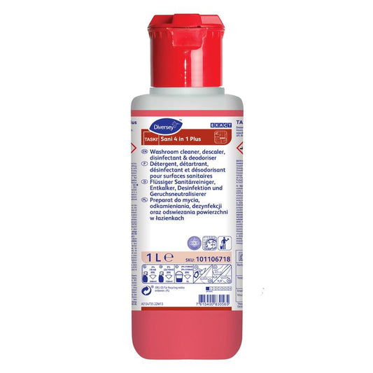 Eine 1-Liter-Flasche TASKI Sani 4 in 1 Plus der Diversey Deutschland GmbH & Co. OHG mit rotem Verschluss und mehrsprachigem Etikett dient als Reiniger, Entkalker, Desinfektionsmittel und Geruchsentferner für Waschraumoberflächen.