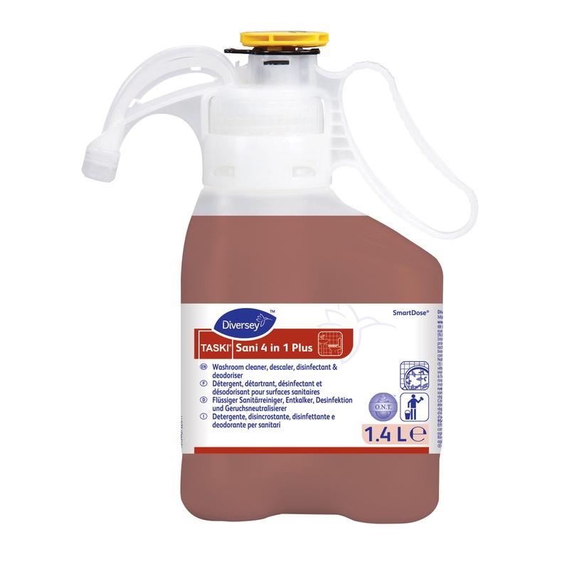 Eine 1,4-Liter-Flasche TASKI Sani 4 in 1 Plus flüssiger Sanitärreiniger mit Milchsäure von Diversey Deutschland GmbH & Co. OHG, ausgestattet mit SmartDose, zum Reinigen, Entkalken, Desinfizieren und Desodorieren von Waschraumoberflächen.