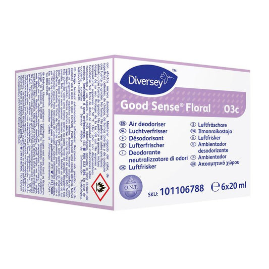 Eine Packung mit 6 Diversey Good Sense Floral Duftpatronen (je 20 ml) für das Good Sense Lufterfrischersystem, mit mehrsprachiger Produktinformation und einem Gefahrensymbol auf der Verpackung. Marke: Diversey Deutschland GmbH & Co. OHG.