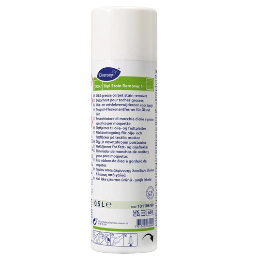 Eine 500 ml weiße Aerosoldose TASKI Tapi Fleckentferner 1 von Diversey Deutschland GmbH & Co. OHG, ein hochwirksamer Fleckentferner für lösungsmittellösliche Flecken, mit mehrsprachigem Etikett und weißem Verschluss.