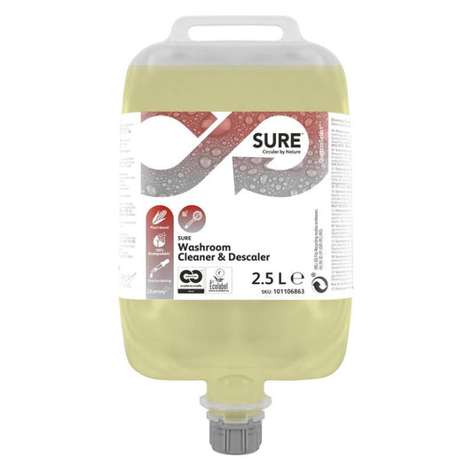 Ein 2,5-Liter-SURE-Sanitärreiniger und Entkalker von Diversey Deutschland GmbH & Co. OHG, gelbe Flüssigkeit mit natürlichen Inhaltsstoffen, wird mit Düse und einem weißen Etikett mit Produktdetails und dem SURE-Logo geliefert.
