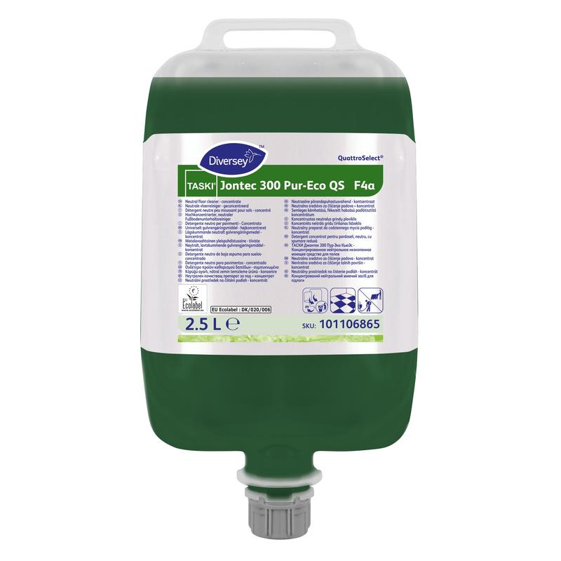 A 2.5-liter container of TASKI Jontec 300 Pur-Eco floor cleaner concentrate from Diversey Deutschland GmbH & Co. OHG with a spout, pouring spout, and labeled product info; cleaning solution is biodegradable.