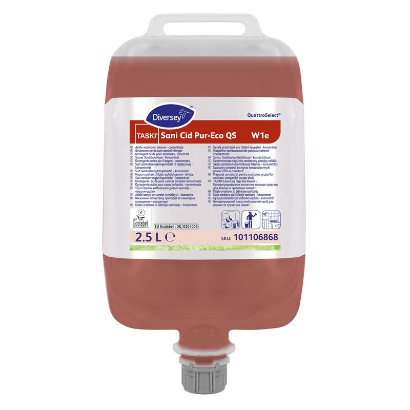 Ein 2,5-Liter Beutel TASKI Sani Cid Pur-Eco QS Sanitär-Unterhaltsreiniger von Diversey, Hochkonzentrat mit natürlicher Zitronensäure und EU Umweltzertifizierung.